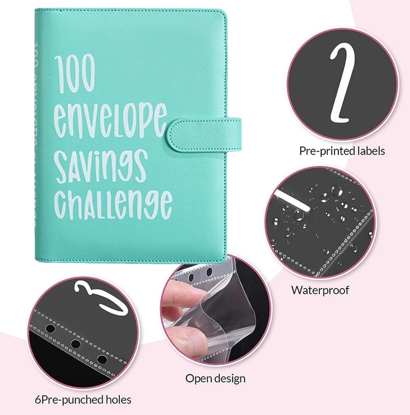 AASLOB 100 Envelopes Money Saving Challenge, 100 Envelope Challenge Binder, Easy and Fun Way to Save $5,050, Savings Challenges Budget Book Binder with Cash Envelopes for Office,Home,School (Green) - Image 3
